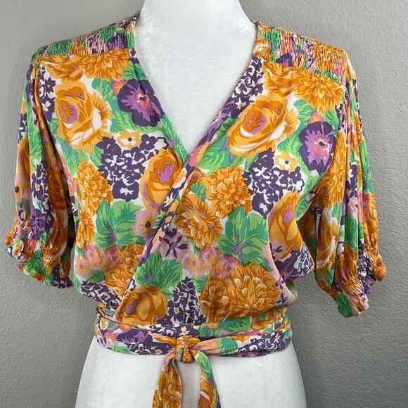 Faithfull the Brand Revolve La Colle Multi Purple Floral Wrap Crop Top 8 - Picture 4 of 11